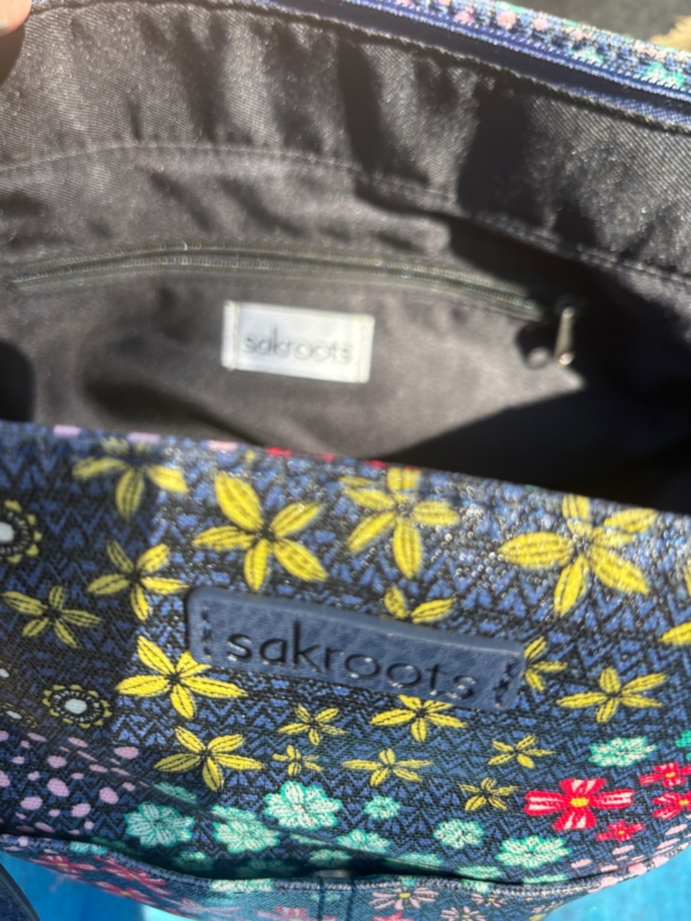 Sakroots Navy Floral Tote with Teal Tassel Charm - Picture 2 of 3